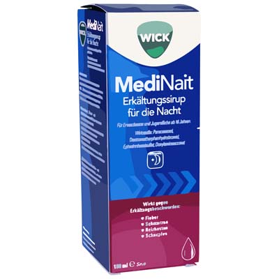 Bild von WICK MediNait Erkältungssirup Verpackung 180 ml